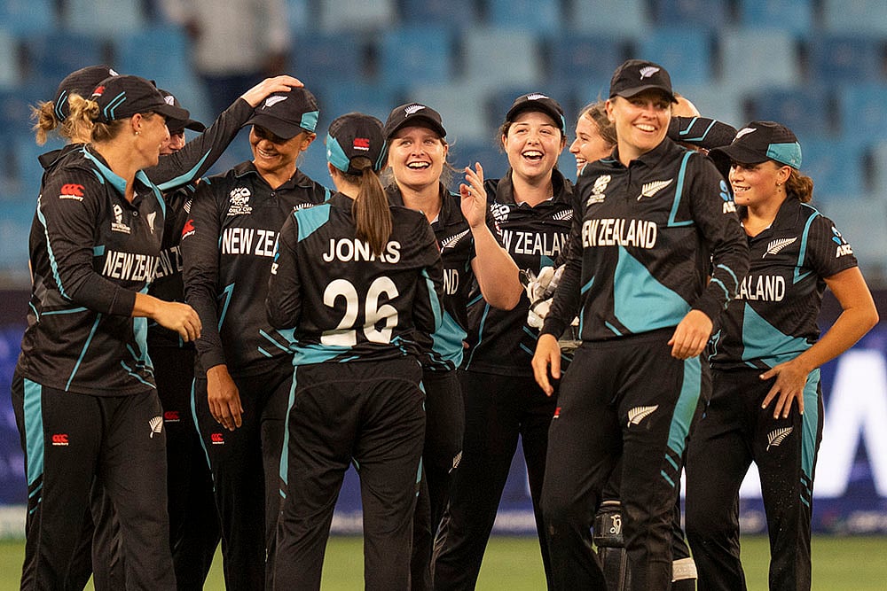 | Photo: AP/Altaf Qadri : Women's T20 World Cup: New Zealand players celebrate their win against Pakistan