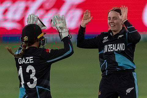 Women's T20 World Cup: New Zealand's Fran Jonas, right, celebrates the wicket of Pakistan's Sadaf Shamas