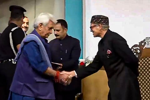 New J&K govt: Lt. Governor Manoj Sinha being greeted by CM-designate Omar Abdullah
