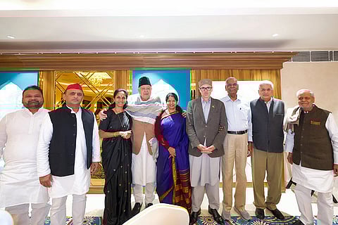 New J&K govt: Omar Abdullah with Akhilesh Yadav, Kanimozhi, Supriya Sule, D Raja, and Farooq Abdullah
