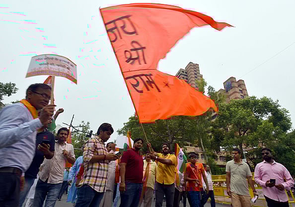 Photo by Sonu Mehta/Hindustan Times via Getty Images : Vishwa Hindu Parishad Organises 'Sankalp March' In Delhi Against 'Attacks On Hindus'

NEW DELHI, INDIA - JULY 9: