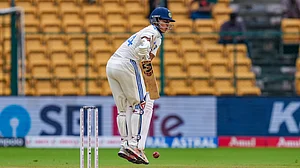 PTI Photo/Shailendra Bhojak : India's Yashasvi Jaiswal plays a shot during the second day of the first Test cricket match between India and New Zealand, at M Chinnaswamy Stadium, in Bengaluru.