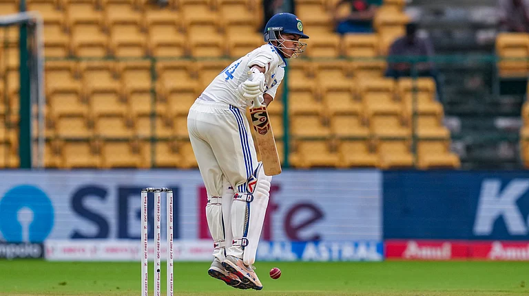 India's Yashasvi Jaiswal plays a shot during the second day of the first Test cricket match between India and New Zealand, at M Chinnaswamy Stadium, in Bengaluru. - PTI Photo/Shailendra Bhojak