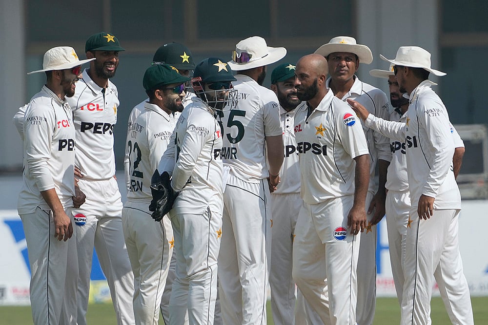 | Photo: AP/K.M. Chaudary : PAK Vs ENG 2nd Test: Pakistan's Sajid Khan celebrates after taking the wicket of England's Brydon Carse 