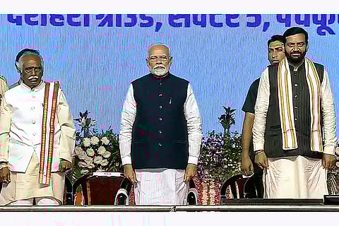 Haryana CM oath ceremony: PM Modi with Governor Bandaru Dattatreya and Nayab Saini