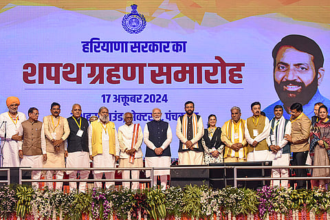 Haryana CM oath ceremony: PM Modi with newly sworn-in Haryana Chief Minister Nayab Singh Saini and Cabinet ministers