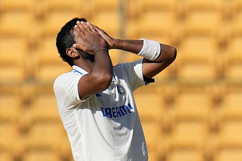 Jasprit Bumrah reacts during the 1st IND vs NZ Test match in Bengaluru.