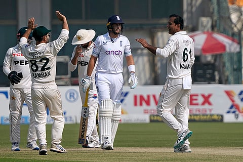 PAK Vs ENG 2nd Test: Pakistan's Noman Ali celebrates after taking the wicket of England's Joe Root
