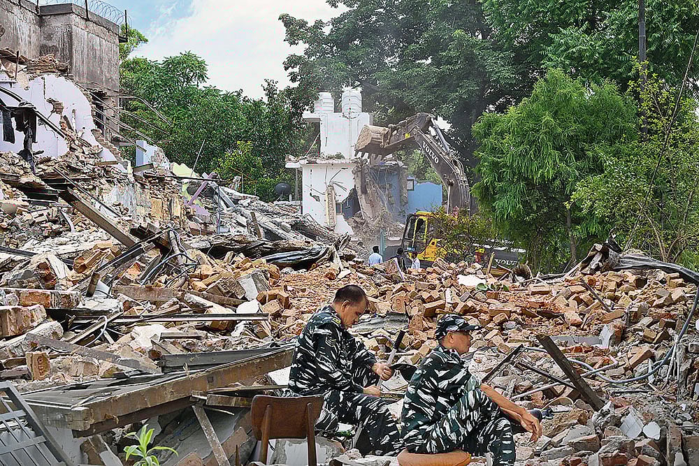 A demolition drive at the Khyber Pass in New Delhi on August 4, 2024