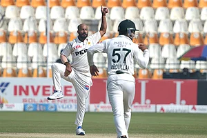 | Photo: AP/K.M. Chaudary : PAK Vs ENG 2nd Test: Pakistan's Sajid Khan celebrates after taking the wicket of England's Ollie Pope