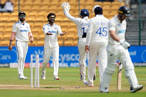 IND Vs NZ 1st Test: India's Ravindra Jadeja celebrates after the dismissal of New Zealand's Glenn Philips