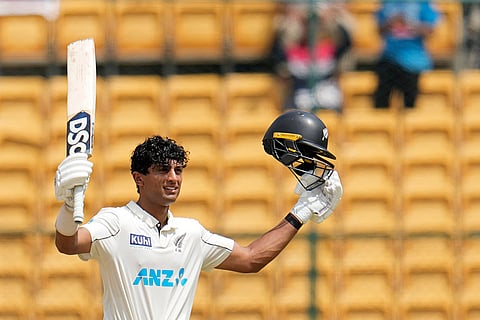 IND Vs NZ 1st Test: New Zealand's Rachin Ravindra celebrates after scoring a century