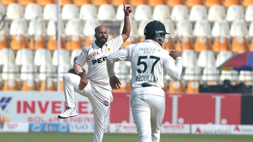 | Photo: AP/K.M. Chaudary : PAK Vs ENG 2nd Test: Pakistan's Sajid Khan celebrates after taking the wicket of England's Ollie Pope