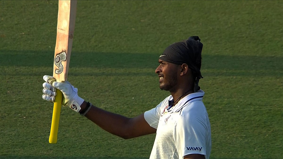 B Sai Sudharsan celebrates his double century on Day 1 of the Ranji Trophy Group D match between Tamil Nadu and Delhi. - X/BCCI Domestic
