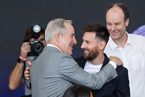MARCA America Award: Inter Miami co-owner Jorge Mas, left, hugs forward Lionel Messi