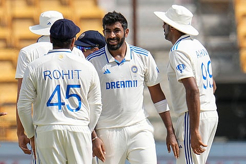 IND Vs NZ 1st Test: India's Jasprit Bumrah, celebrates after the dismissal of New Zealand's Tom Blundell