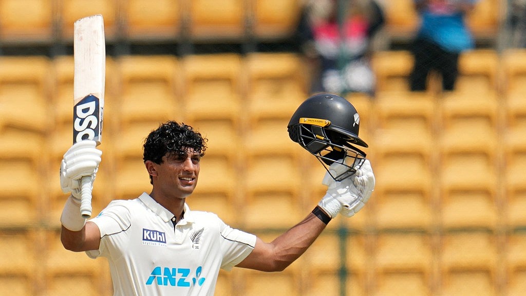 IND Vs NZ, 1st Test: Rachin Ravindra celebrates his second Test ton in Bengaluru. - AP/Aijaz Rahi