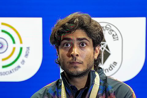 ISSF World Cup: Silver medalist India’s Vivaan Kapoor during Men Trap Final event medal ceremony