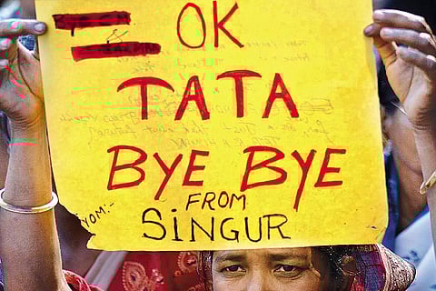 Protesters from Singur with banners against the Nano project