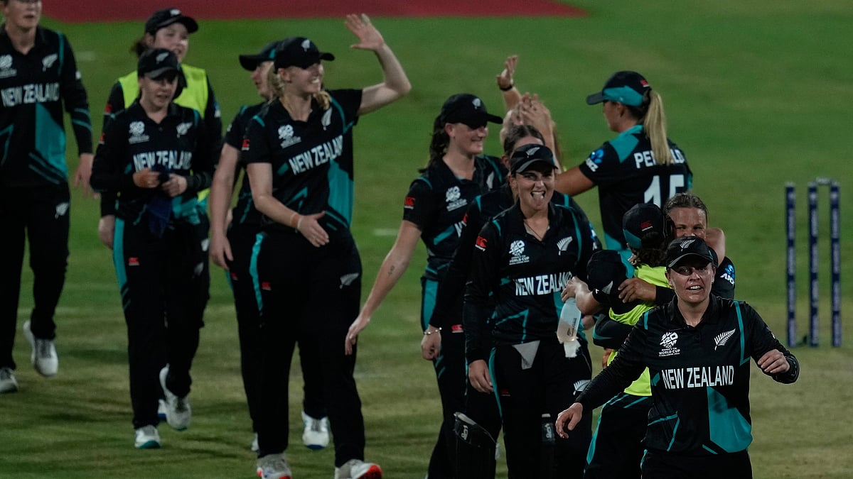 New Zealand's players celebrate after wining against West Indies' during the ICC Women's T20 World Cup 2024 semi-final match at Dubai International Cricket Stadium, United Arab Emirates, Friday, Oct. 18, 2024. -  (AP Photo/Altaf Qadri)