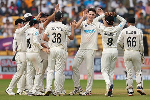 IND Vs NZ 1st Test: New Zealand's William O'Rourke celebrates after the dismissal of India's Ravindra Jadeja