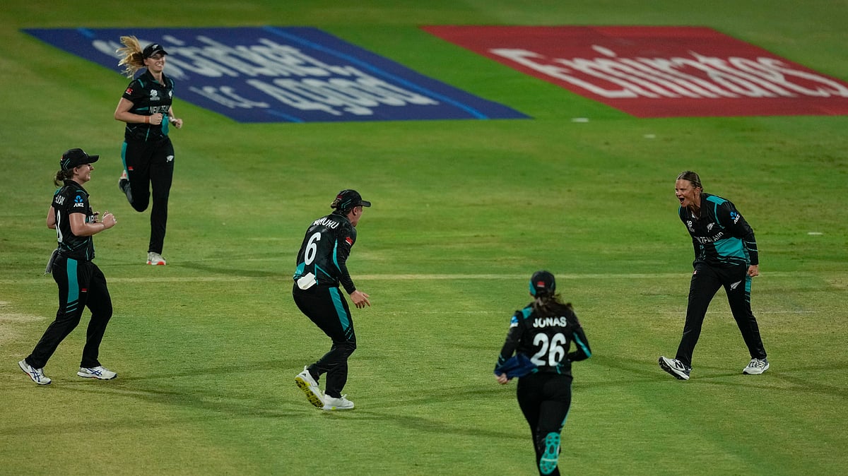 AP Photo/Altaf Qadri : New Zealand's players celebrate after winning against West Indies during the ICC Women's T20 World Cup 2024 semi-final match at Dubai International Cricket Stadium.