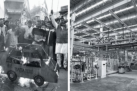 A Chaotic Time: (Left) Trinamool Congress supporters stage a protest against the Singu Nano factory; (right) the Tata plant floor in Singur