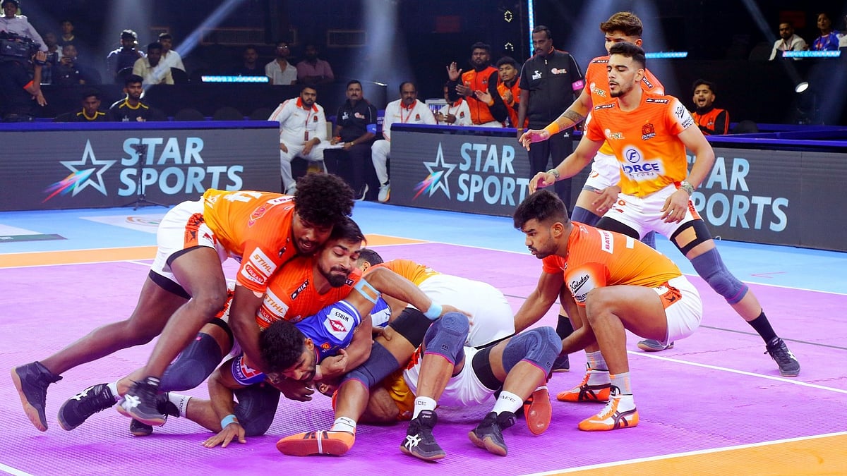 Special Arrangement : Action from the Pro Kabaddi League season 11 clash between Puneri Paltan and Haryana Steelers in Hyderabad.