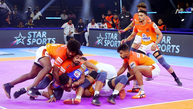 Action from the Pro Kabaddi League season 11 clash between Puneri Paltan and Haryana Steelers in Hyderabad. - Special Arrangement