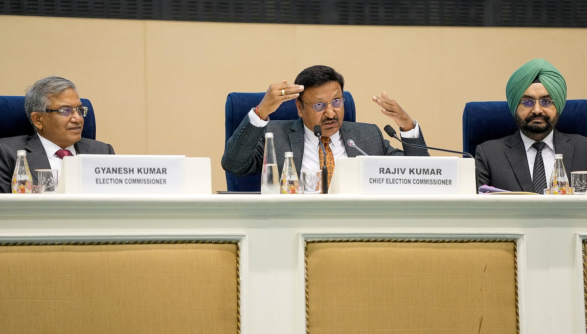 PTI : Chief Election Commissioner Rajiv Kumar with Election Commissioners Gyanesh Kumar and Sukhbir Singh Sandhu during a press conference on Tuesday.