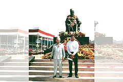 Photo: Ratan Tata Instagram : A United Front J.R.D. Tata (left) and Ratan Tata (right) next to Jamsetji 
Tata’s statue
