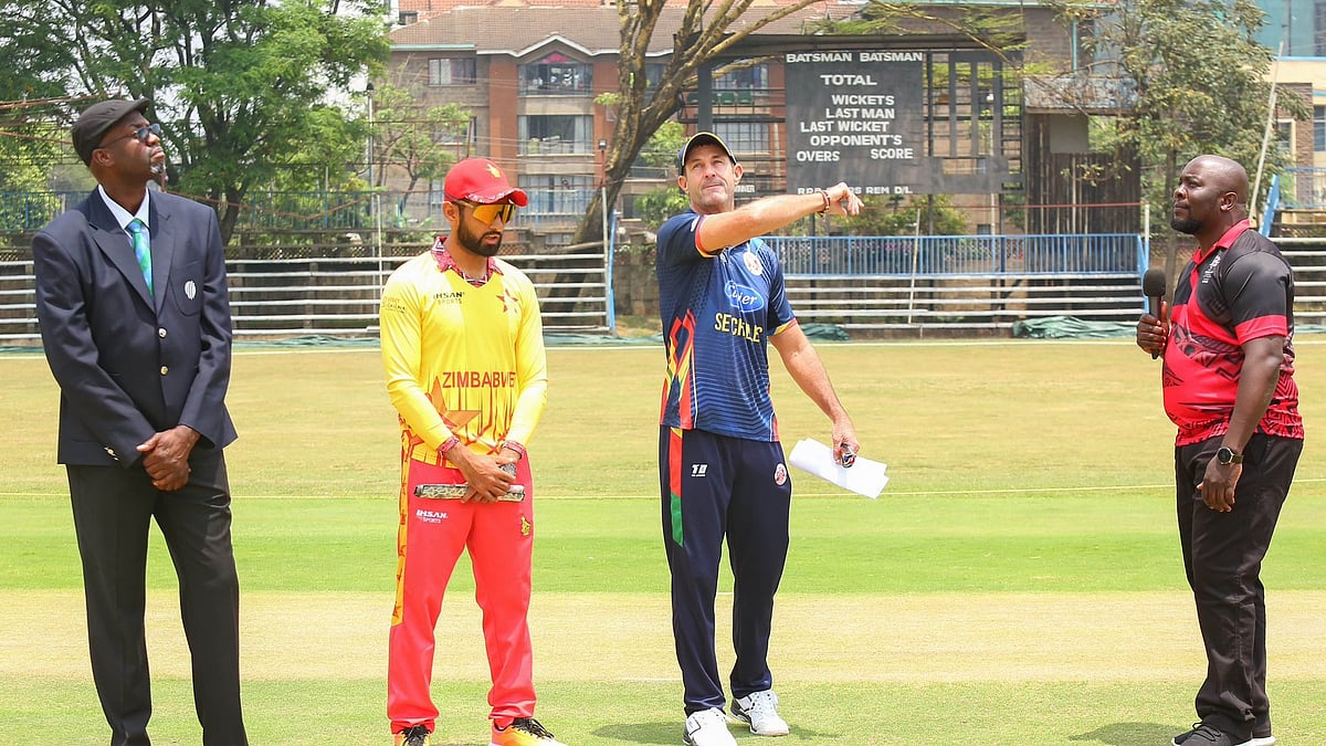 Photo: X | ICC Africa : Zimbabwe skipper Sikandar Raza and Seychelles captain during the toss.