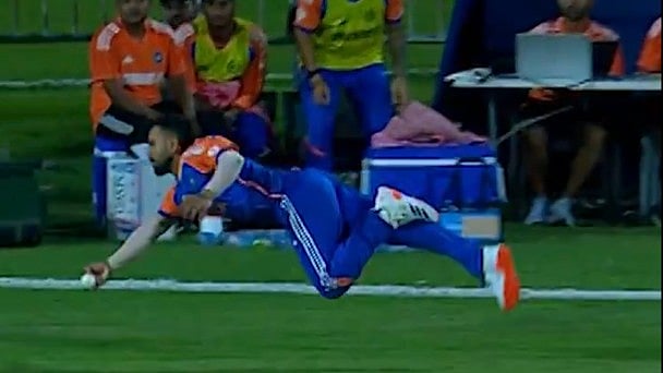 Star Sports screengrab : Ramandeep Singh's spectacular catch to dismiss Yasir Khan during the India-A vs Pakistan-A, Emerging Teams Asia Cup match in Al Amerat.
