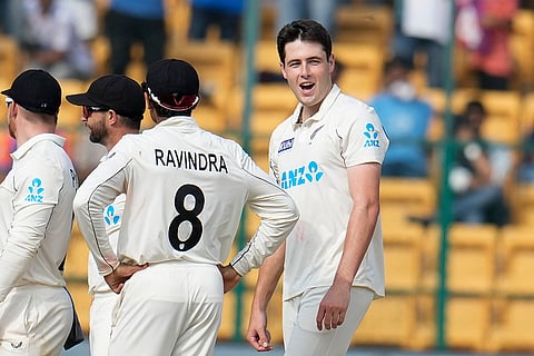 IND Vs NZ 1st Test: New Zealand's William O'Rourke, right, celebrates after the dismissal of India's Rishabh Pant