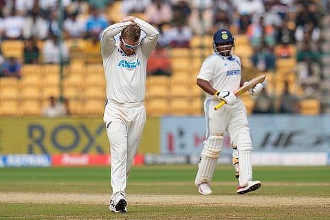 IND Vs NZ 1st Test: New Zealand's Glenn Philips reacts after India's Sarfaraz Khan played a shot on his delivery