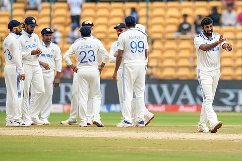 IND Vs NZ 1st Test: Jasprit Bumrah gestures towards the umpire Michael Gough after asking for a successful review