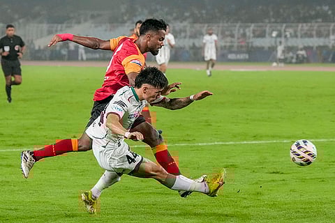 ISL 2024: Ashis Rai (44) of Mohun Bagan Super Giant and Provat Lakra (3) of East Bengal FC vie for the ball