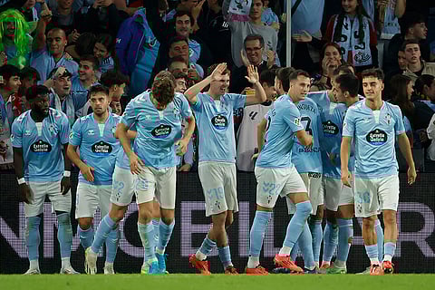 La liga 2024-25: Celta's Williot Swedberg, centre, celebrates after scoring his side's first goal
