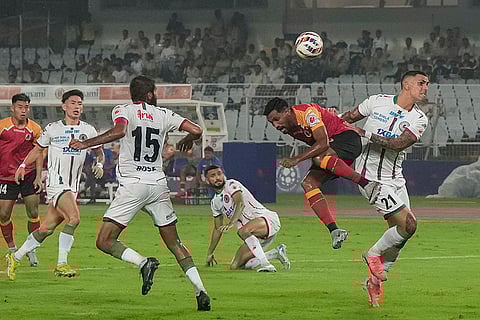 ISL 2024: Mohun Bagan Super Giant and East Bengal FC players vie for the ball