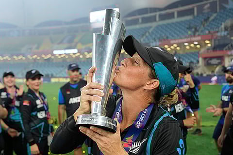 Women's T20 WC 2024 Final: New Zealand's captain Sophie Devine kisses the trophy