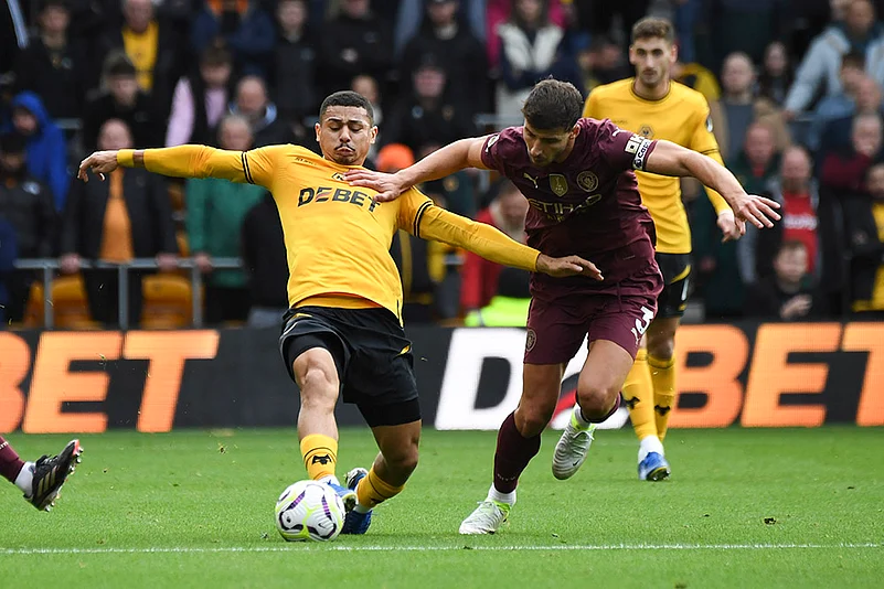 Britain Soccer Premeir League 2024-25 Wanderers and Manchester City photo gallery_ Joao Gomes