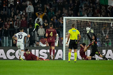 Serie A 2024-25: Inter Milan's Lautaro Martinez, left, scores the opening goal