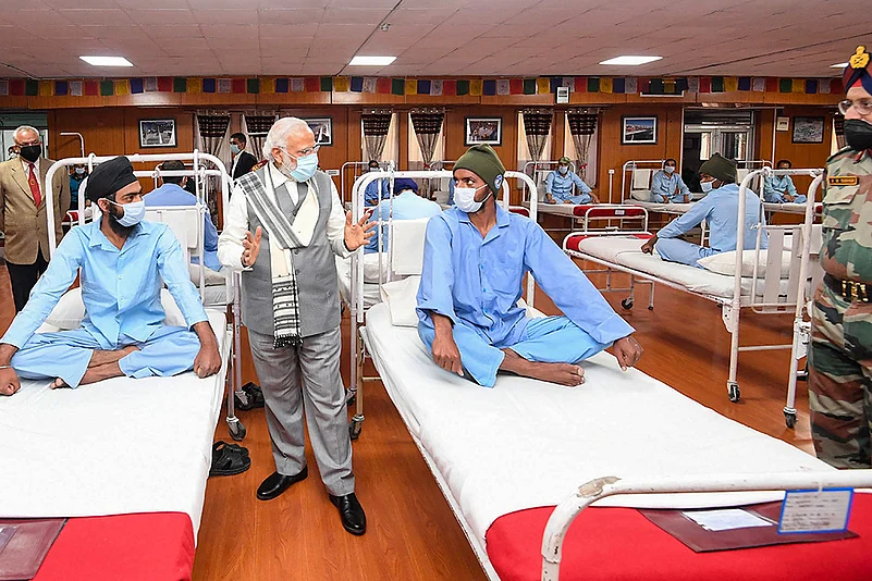 Prime Minister Narendra Modi interacts with the army soldiers who were injured in the Galwan Valley