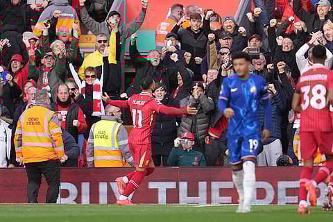 EPL 2024-25: Liverpool's Mohamed Salah, centre, celebrates after scoring his side's opening goal