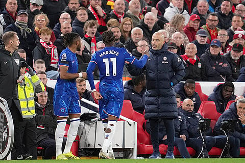 EPL 2024-25: Chelsea's head coach Enzo Maresca, right, greets Chelsea's Noni Madueke 