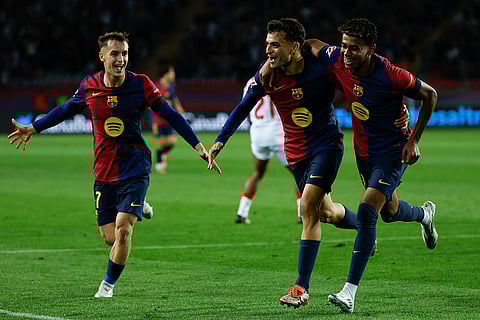 La Liga 2024-25: Barcelona's Pedri, center, celebrates with teammates after scoring his side's second goal
