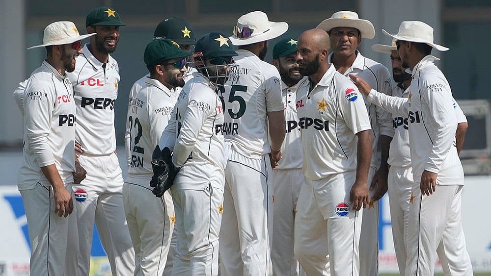 PAK Vs ENG 2nd Test: Pakistan's Sajid Khan celebrates after taking the wicket of England's Brydon Carse  - | Photo: AP/K.M. Chaudary