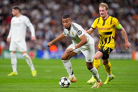 Champions League 2024-25: Real Madrid's Kylian Mbappe plays the ball against Borussia