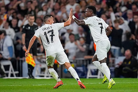 Champions League 2024-25: Real Madrid's Vinicius Junior celebrates after scoring his side's second goal