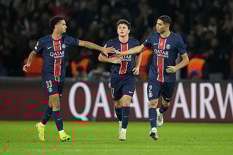 Champions League 2024-25: PSG's Achraf Hakimi, right, celebrates scoring his side opening goal